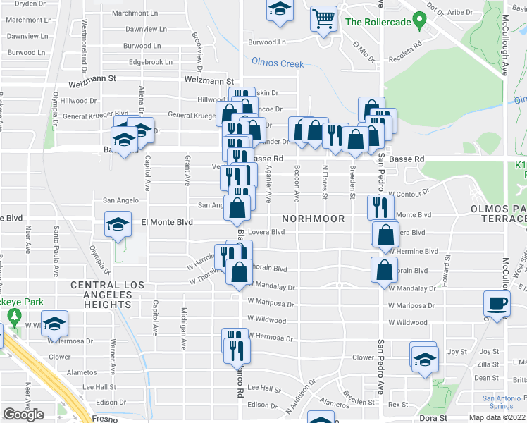 map of restaurants, bars, coffee shops, grocery stores, and more near 707 El Monte Boulevard in San Antonio