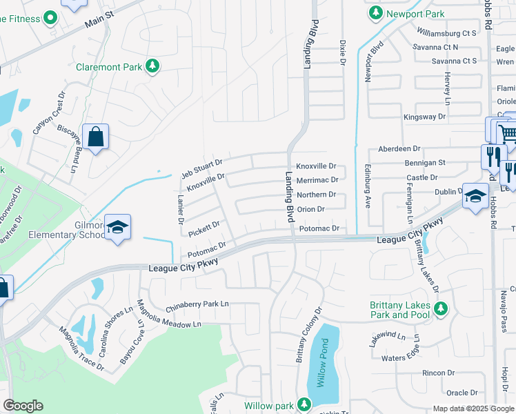 map of restaurants, bars, coffee shops, grocery stores, and more near 2702 Orion Drive in League City