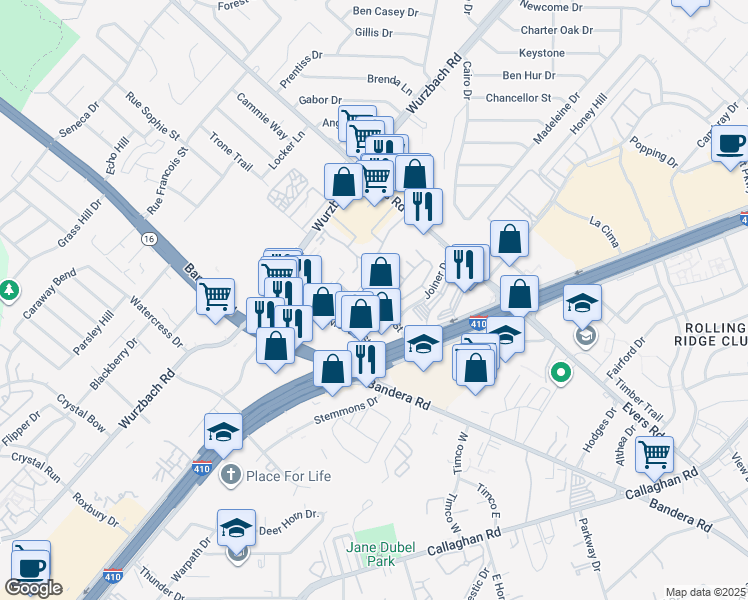map of restaurants, bars, coffee shops, grocery stores, and more near 5719 Kenwick St in San Antonio