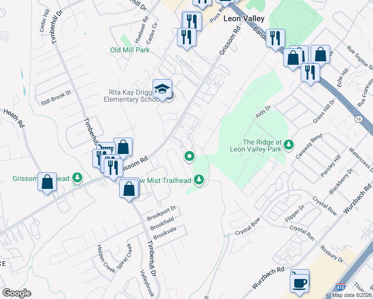 map of restaurants, bars, coffee shops, grocery stores, and more near 20 Shadow Mist Road in Leon Valley