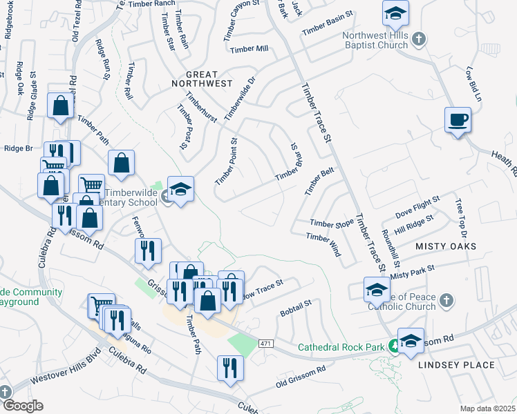 map of restaurants, bars, coffee shops, grocery stores, and more near 8726 Timber Range in San Antonio
