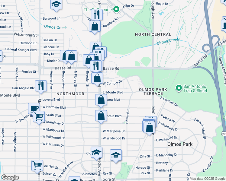 map of restaurants, bars, coffee shops, grocery stores, and more near 265 El Monte Boulevard in San Antonio
