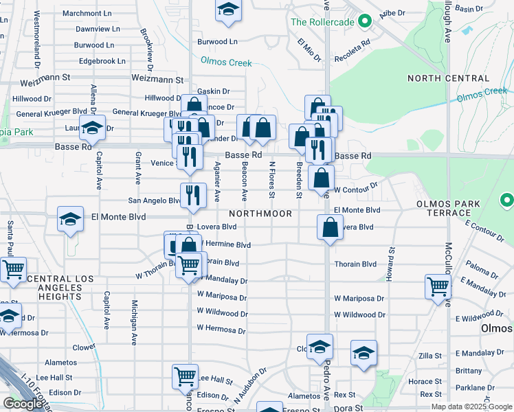 map of restaurants, bars, coffee shops, grocery stores, and more near 523 El Monte Boulevard in San Antonio