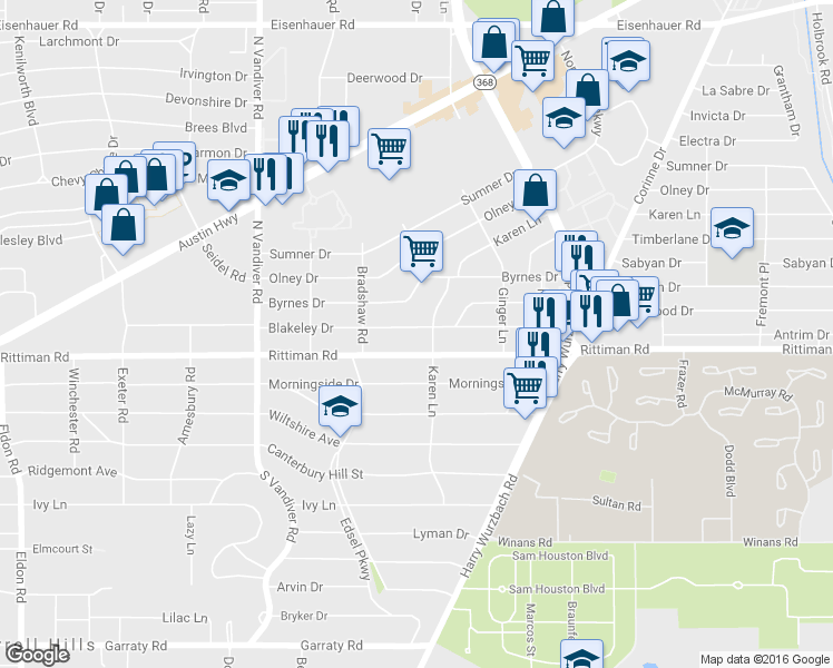 map of restaurants, bars, coffee shops, grocery stores, and more near 534 Blakeley Dr in San Antonio