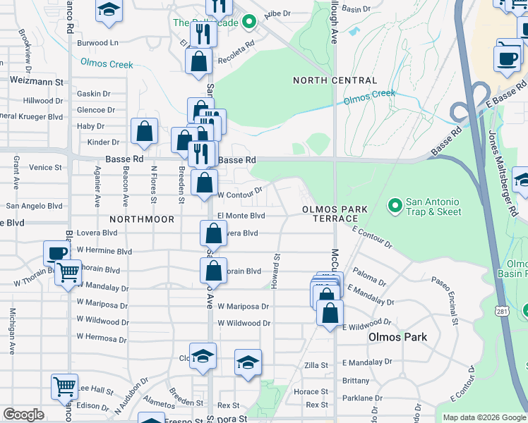 map of restaurants, bars, coffee shops, grocery stores, and more near 229 El Monte Boulevard in San Antonio