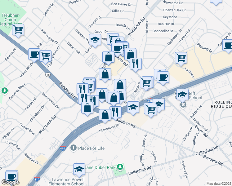 map of restaurants, bars, coffee shops, grocery stores, and more near 5719 Kenwick Street in San Antonio
