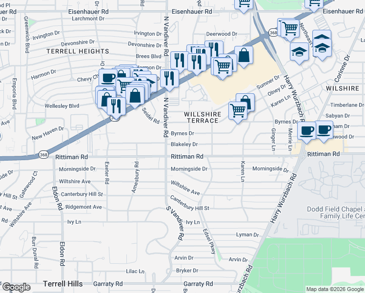 map of restaurants, bars, coffee shops, grocery stores, and more near 334 Blakeley Drive in San Antonio