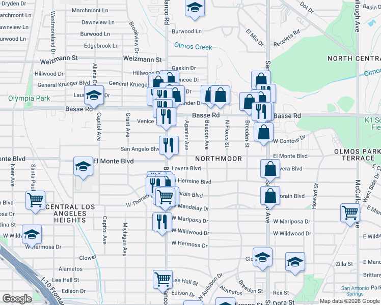 map of restaurants, bars, coffee shops, grocery stores, and more near 707 El Monte Boulevard in San Antonio