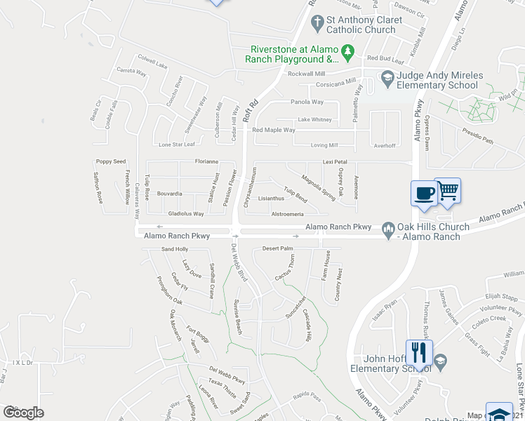 map of restaurants, bars, coffee shops, grocery stores, and more near 12615 Alstroemeria in San Antonio