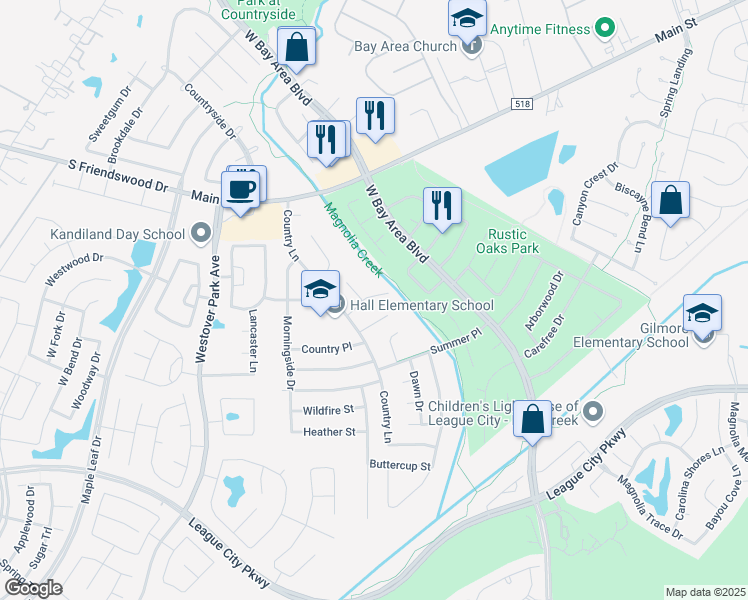 map of restaurants, bars, coffee shops, grocery stores, and more near 314 Creek Bend Drive in League City