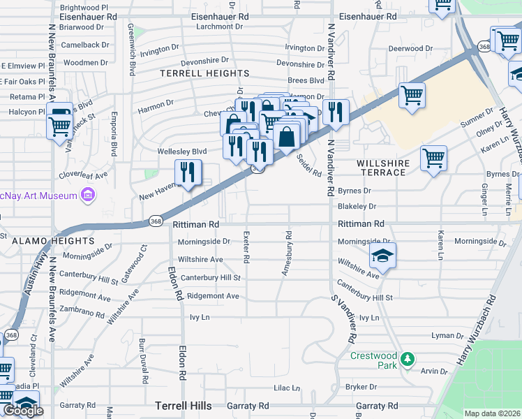 map of restaurants, bars, coffee shops, grocery stores, and more near 110 Blakeley Drive in San Antonio