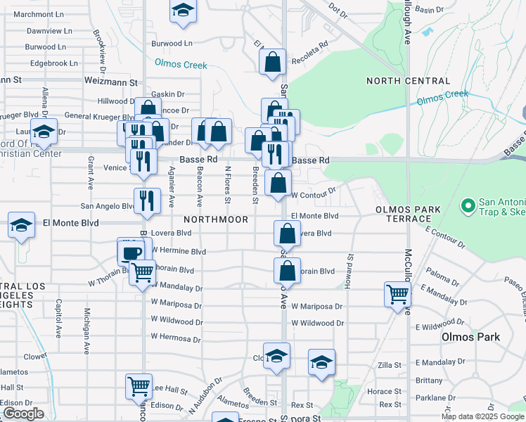 map of restaurants, bars, coffee shops, grocery stores, and more near 331 El Monte Boulevard in San Antonio