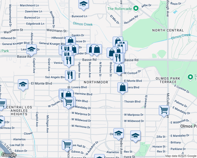 map of restaurants, bars, coffee shops, grocery stores, and more near 523 El Monte Boulevard in San Antonio
