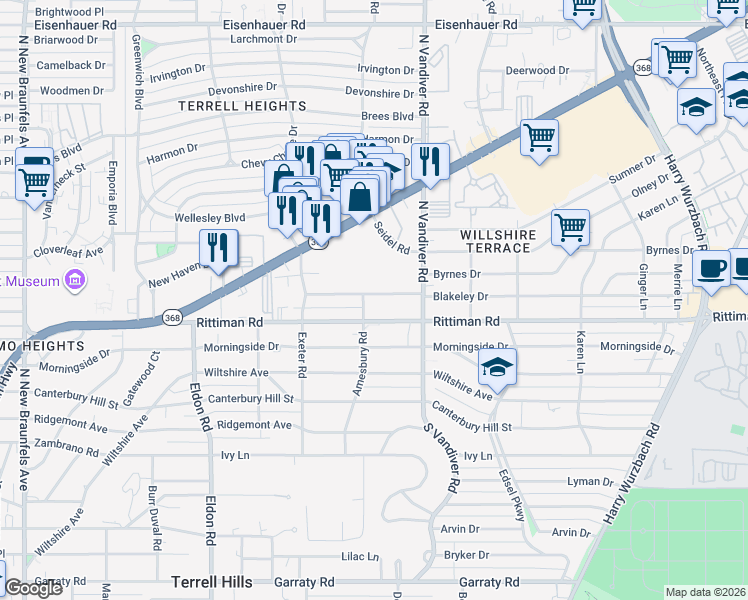 map of restaurants, bars, coffee shops, grocery stores, and more near 210 Blakeley Drive in San Antonio