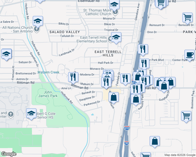 map of restaurants, bars, coffee shops, grocery stores, and more near 6319 McKeon Drive in San Antonio