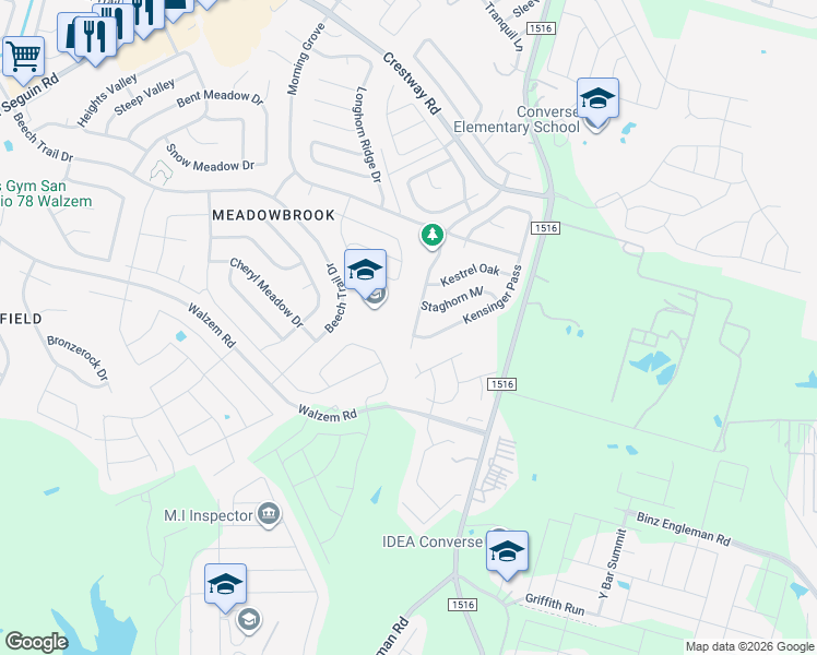 map of restaurants, bars, coffee shops, grocery stores, and more near 6007 Ironmill Creek in Converse