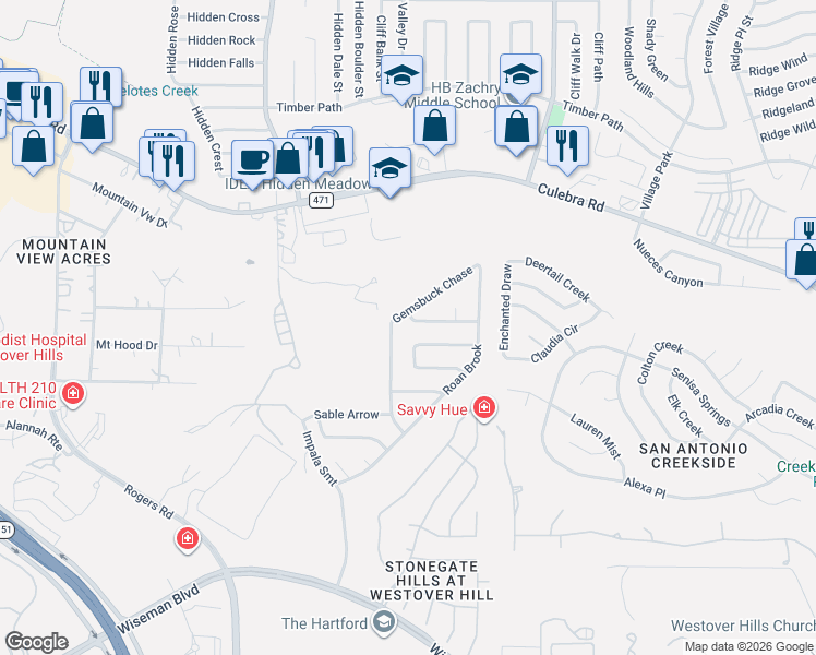 map of restaurants, bars, coffee shops, grocery stores, and more near 5210 Gemsbuck Chase in San Antonio