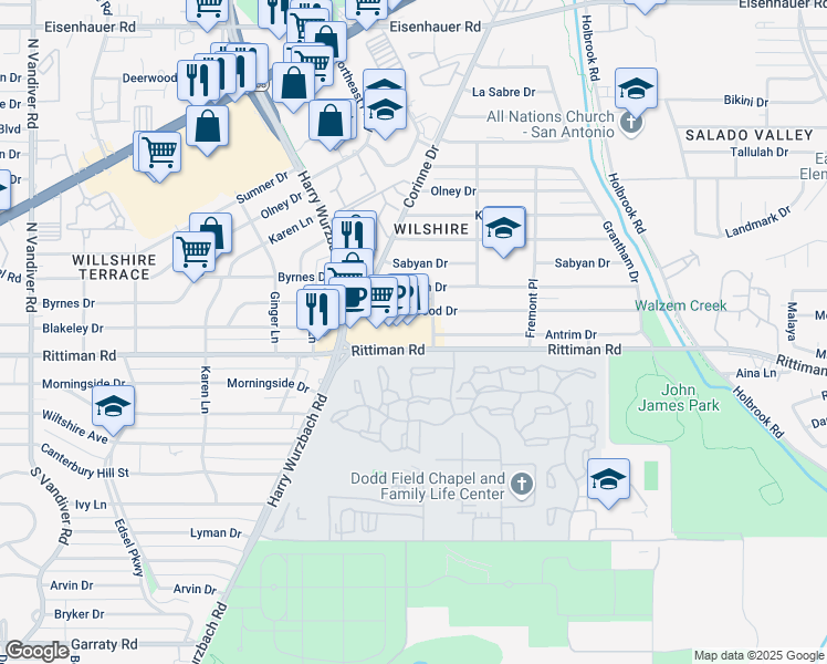 map of restaurants, bars, coffee shops, grocery stores, and more near 1023 Rittiman Road in San Antonio