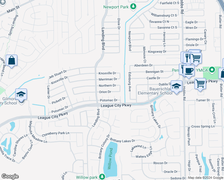 map of restaurants, bars, coffee shops, grocery stores, and more near 2516 Orion Drive in League City