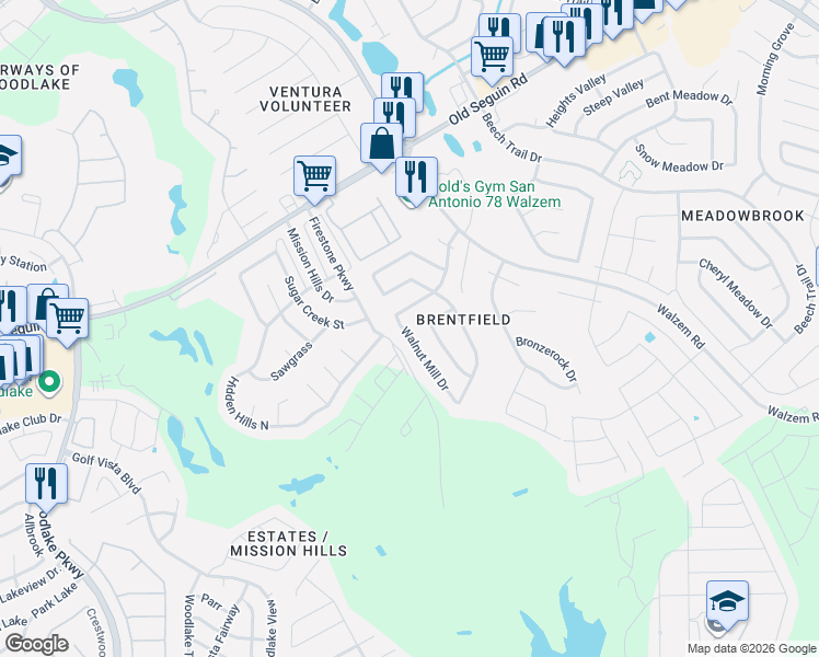 map of restaurants, bars, coffee shops, grocery stores, and more near 6112 Walnut Mill Drive in San Antonio