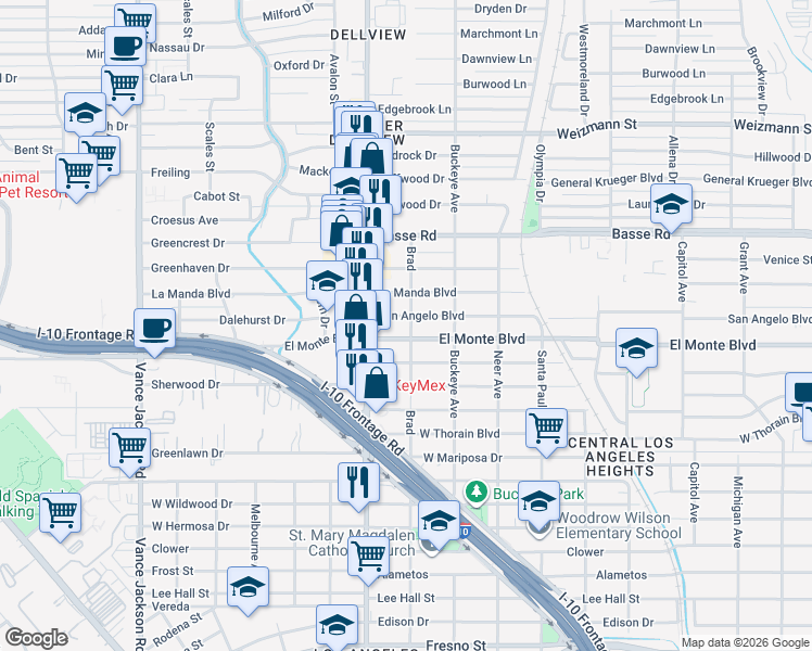 map of restaurants, bars, coffee shops, grocery stores, and more near 2815 Brad in San Antonio