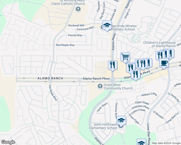 map of restaurants, bars, coffee shops, grocery stores, and more near 5215 Anemone in San Antonio