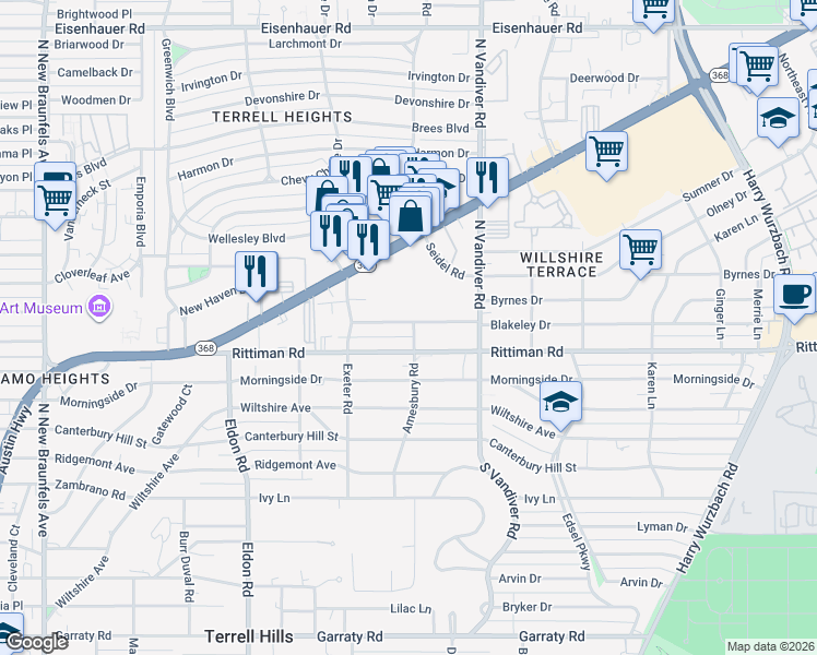 map of restaurants, bars, coffee shops, grocery stores, and more near 134 Blakeley Drive in San Antonio