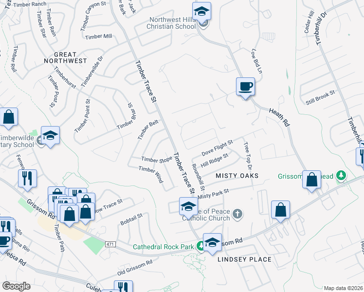 map of restaurants, bars, coffee shops, grocery stores, and more near 4974 Timber Trace Street in San Antonio