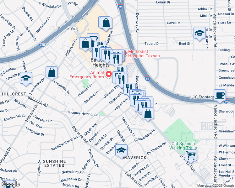 map of restaurants, bars, coffee shops, grocery stores, and more near 107 Concord Place in Balcones Heights