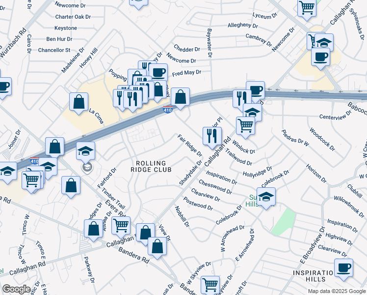 map of restaurants, bars, coffee shops, grocery stores, and more near 4806 Rollingfield Drive in San Antonio