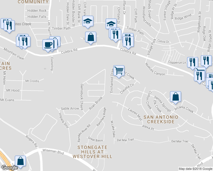 map of restaurants, bars, coffee shops, grocery stores, and more near 5134 Roan Brook in San Antonio