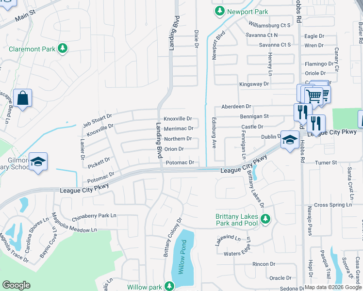 map of restaurants, bars, coffee shops, grocery stores, and more near 2514 Orion Drive in League City