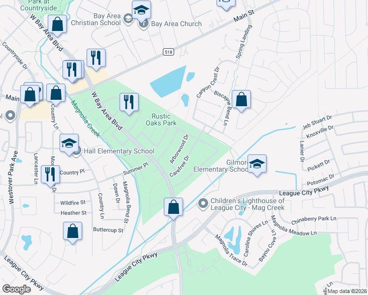 map of restaurants, bars, coffee shops, grocery stores, and more near 5111 Arborwood Drive in League City