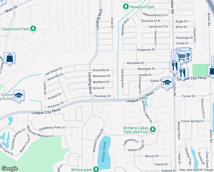 map of restaurants, bars, coffee shops, grocery stores, and more near 2514 Orion Dr in League City