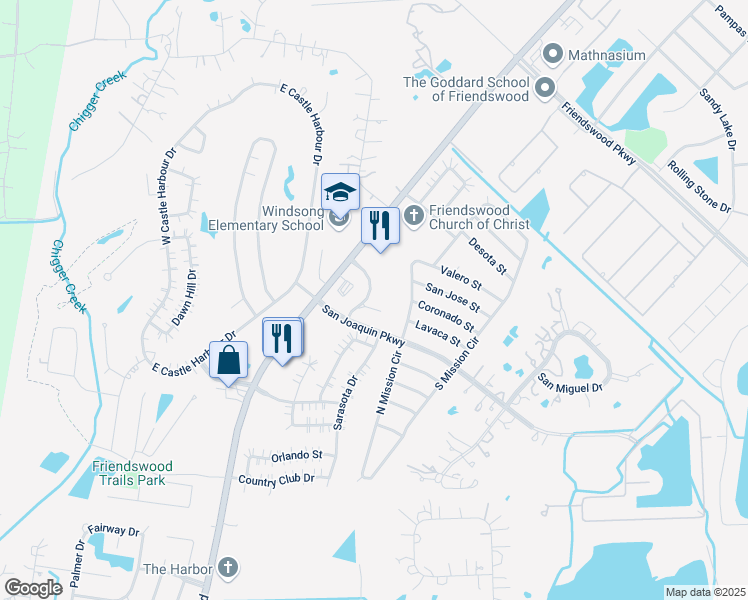 map of restaurants, bars, coffee shops, grocery stores, and more near 2245 Thomas Trace in Friendswood