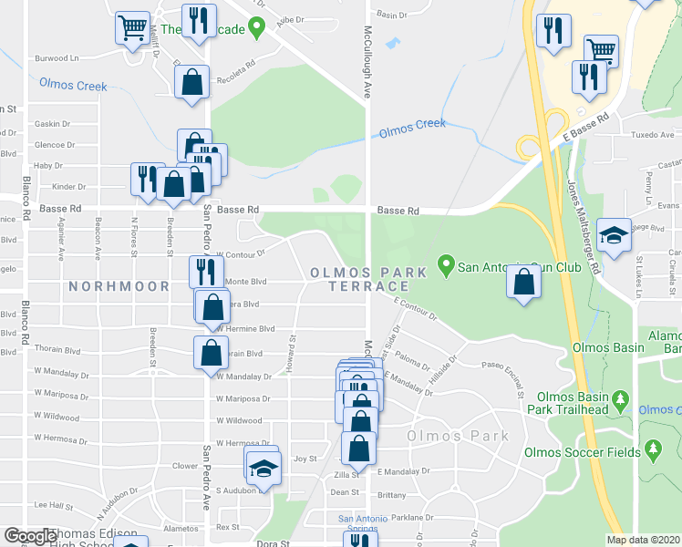 map of restaurants, bars, coffee shops, grocery stores, and more near 1441 West Contour Drive in San Antonio