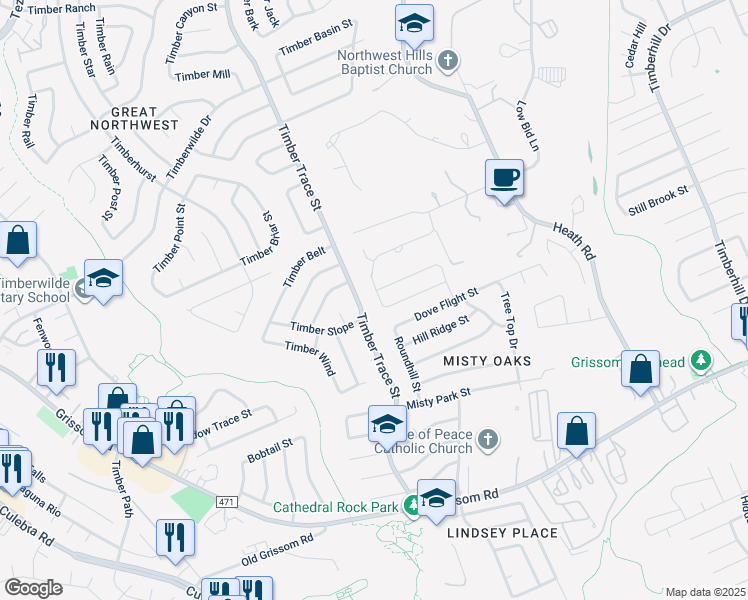 map of restaurants, bars, coffee shops, grocery stores, and more near 4974 Timber Trace Street in San Antonio