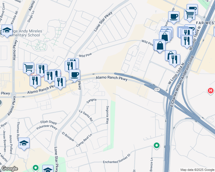 map of restaurants, bars, coffee shops, grocery stores, and more near 11507 Sangria in San Antonio