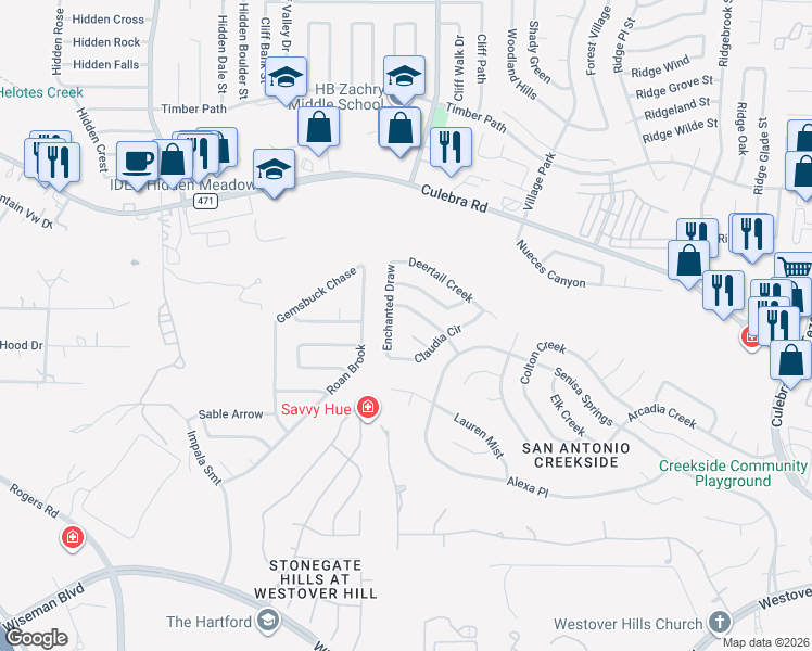 map of restaurants, bars, coffee shops, grocery stores, and more near 9731 Astin Place in San Antonio
