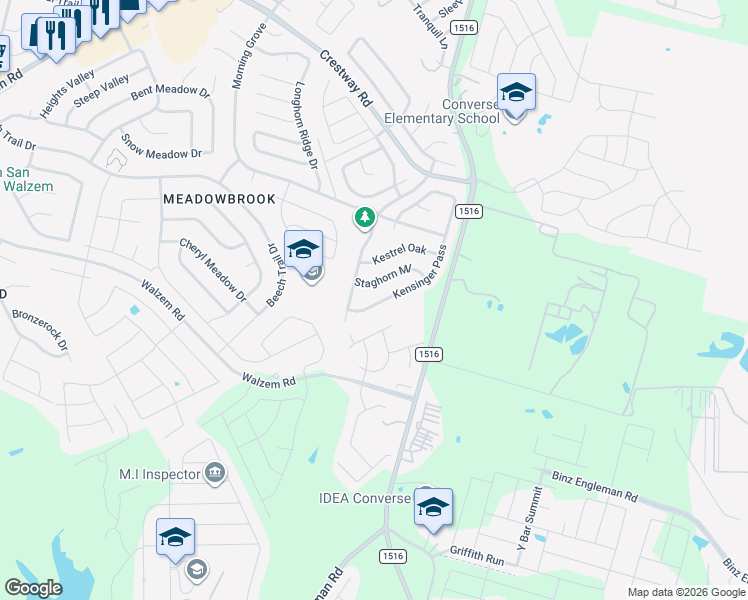 map of restaurants, bars, coffee shops, grocery stores, and more near 6027 Kensinger Pass in Converse