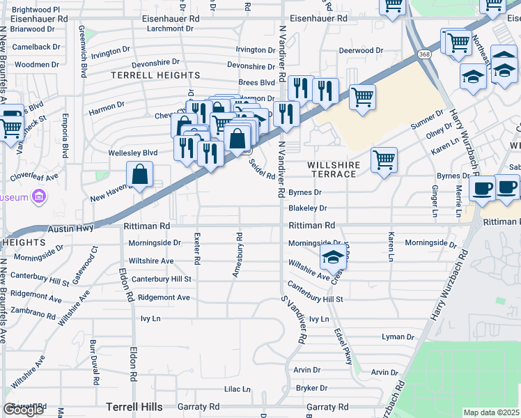 map of restaurants, bars, coffee shops, grocery stores, and more near 222 Blakeley Drive in San Antonio