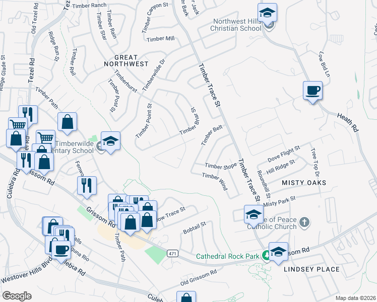 map of restaurants, bars, coffee shops, grocery stores, and more near 5038 Timberhurst in San Antonio