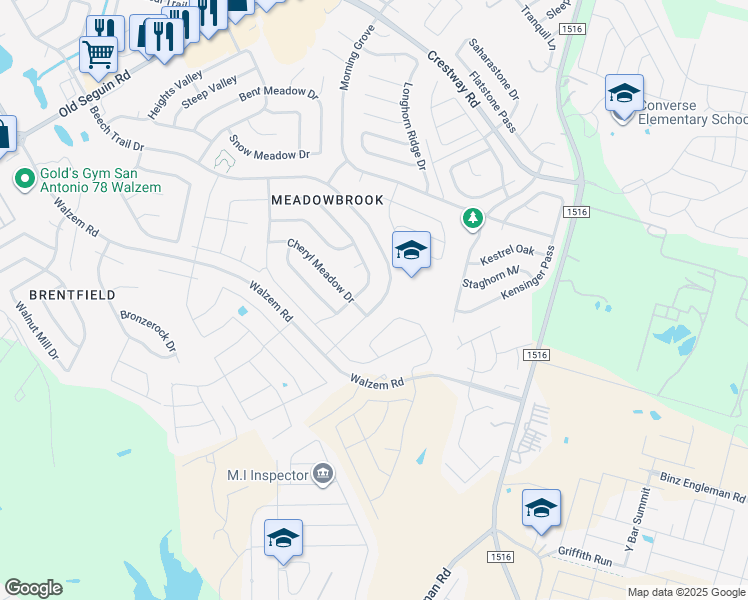 map of restaurants, bars, coffee shops, grocery stores, and more near 6314 Beech Trail Drive in Converse