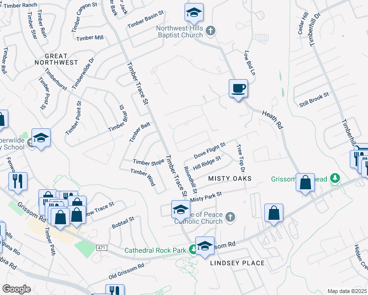 map of restaurants, bars, coffee shops, grocery stores, and more near 8063 Misty Breeze in San Antonio