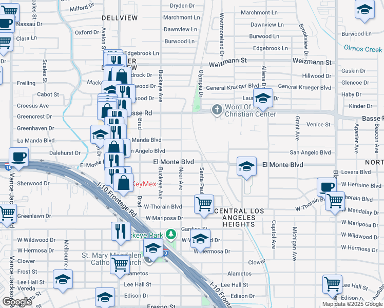 map of restaurants, bars, coffee shops, grocery stores, and more near 1518 San Angelo in San Antonio