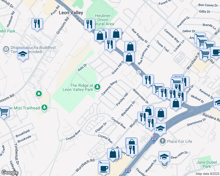 map of restaurants, bars, coffee shops, grocery stores, and more near 5565 Saffron Way in San Antonio
