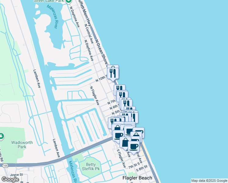 map of restaurants, bars, coffee shops, grocery stores, and more near 728 North Central Avenue in Flagler Beach