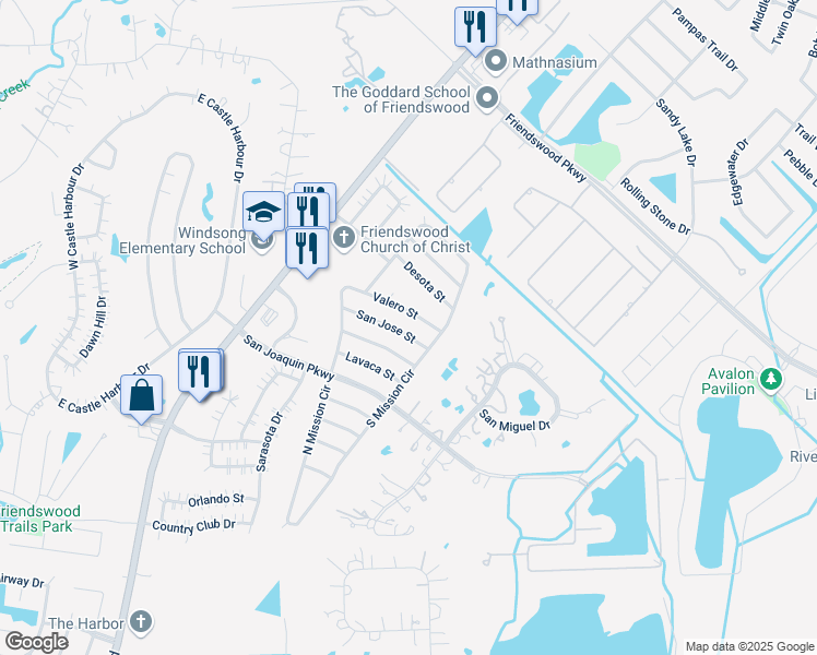 map of restaurants, bars, coffee shops, grocery stores, and more near 1903 San Jose St in Friendswood