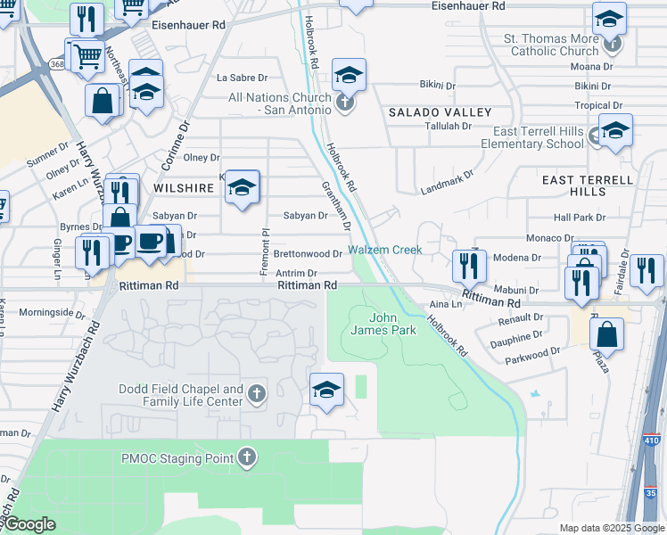 map of restaurants, bars, coffee shops, grocery stores, and more near 259 Antrim Drive in San Antonio