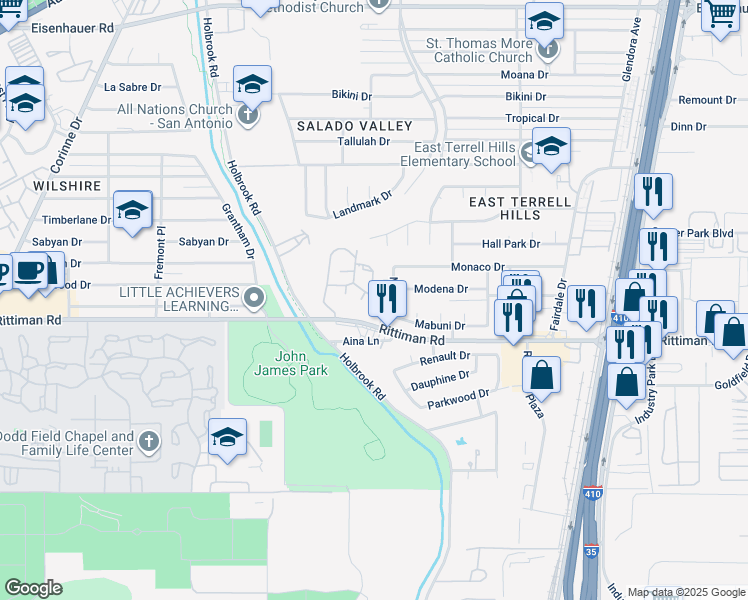 map of restaurants, bars, coffee shops, grocery stores, and more near 6307 Cambridge Drive in San Antonio